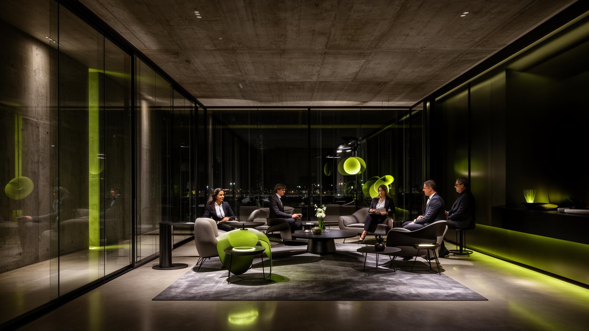Lounge de investidores com arquitetura sofisticada, concreto, vidro e iluminação verde-lima discreta.