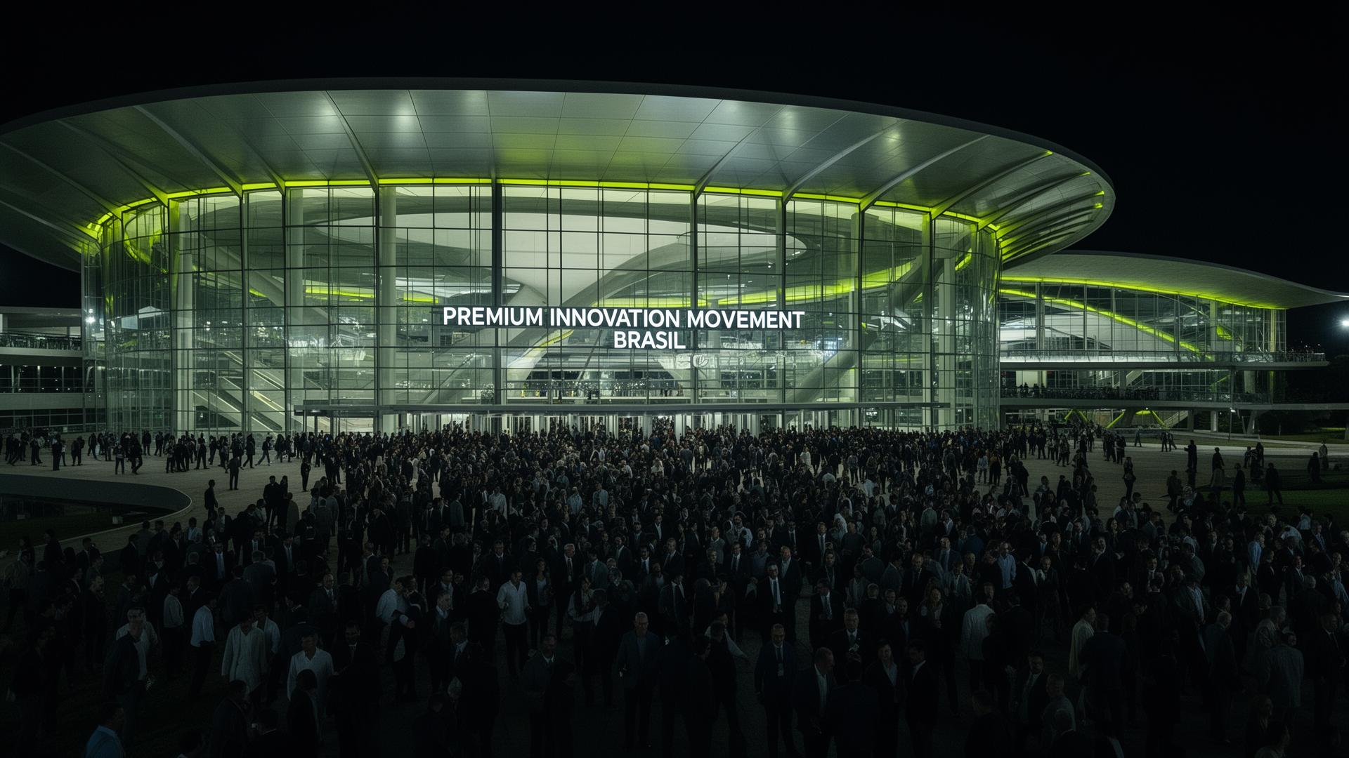 Multidão chegando a um grande espaço de inovação premium em Brasília, à noite, com arquitetura e iluminação cinematográficas.