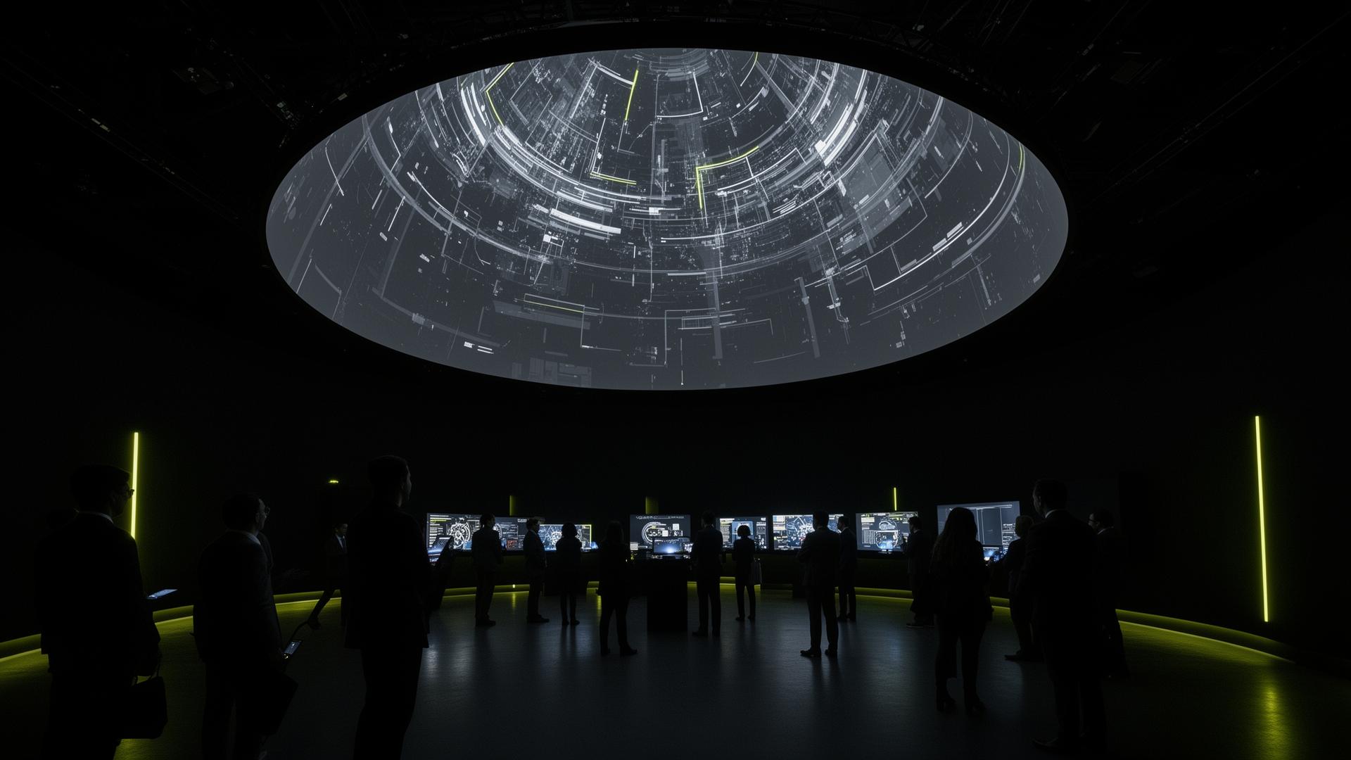 Instalação imersiva futurista com domo e visitantes observando tecnologia avançada.