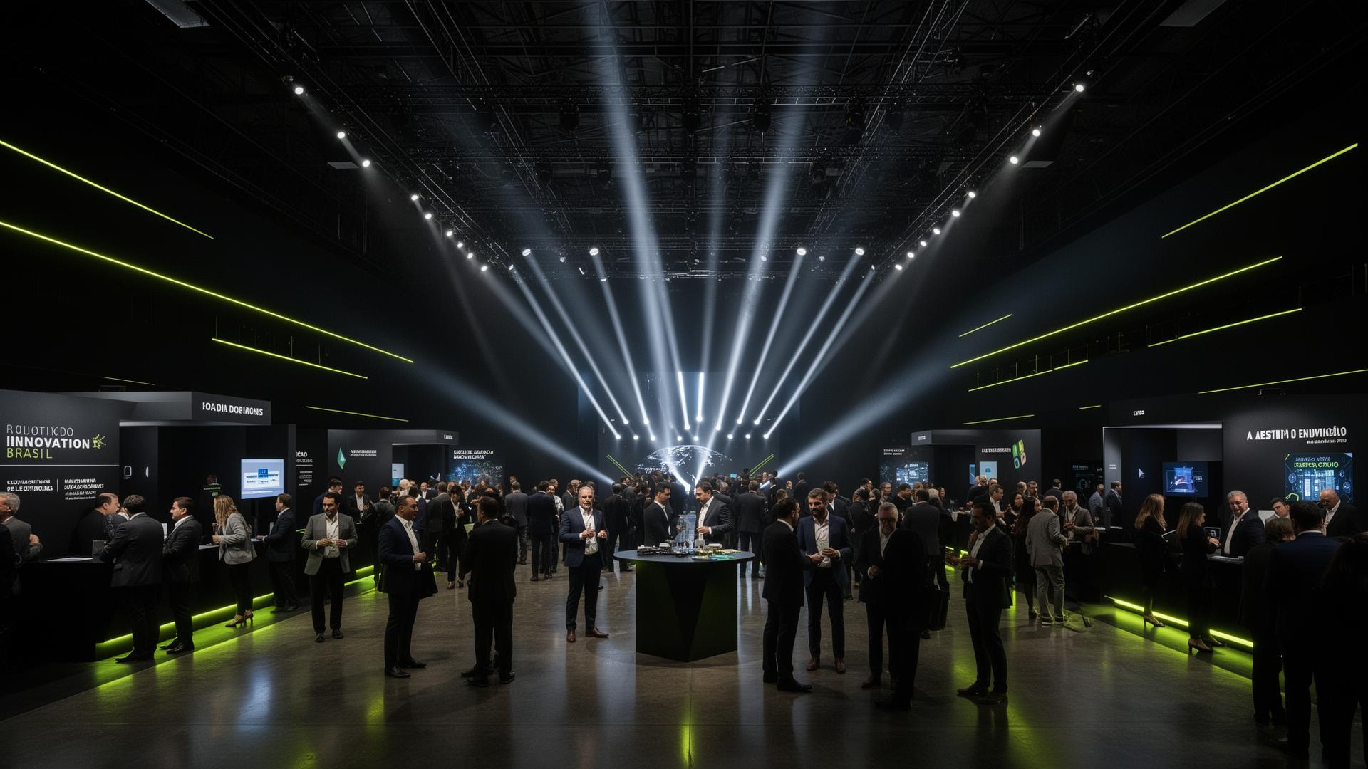 Grande arena premium com iluminação dramática e público em espaço tecnológico do Founder Games Brasil.