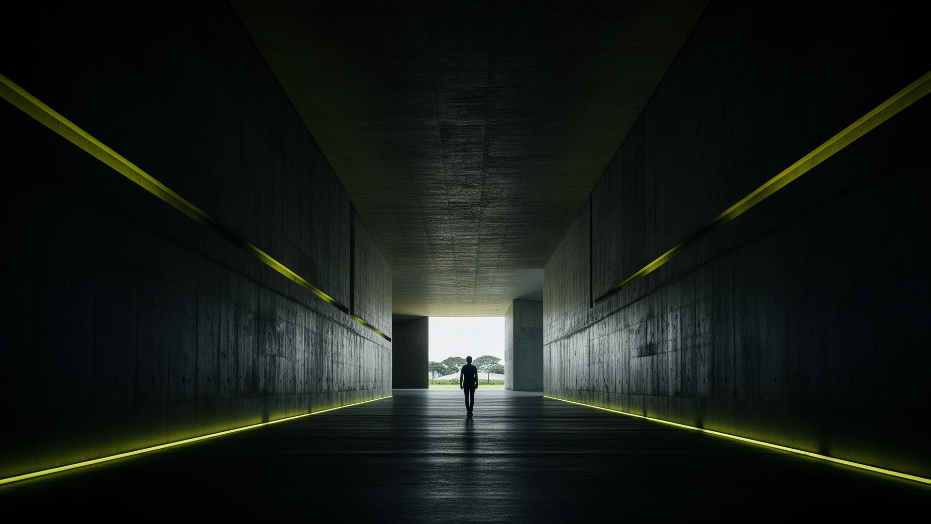 Corredor monumental de concreto com iluminação verde-lima e uma pessoa caminhando ao fundo.